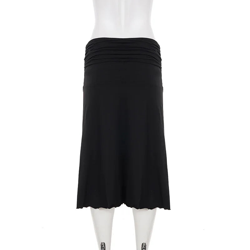 SUCHCUTE Basic Solid Folds Low-Waisted Midi Skirts Chic Black Slim Skirts  Lady Party Bottoms Summer All match Clothes Coquette