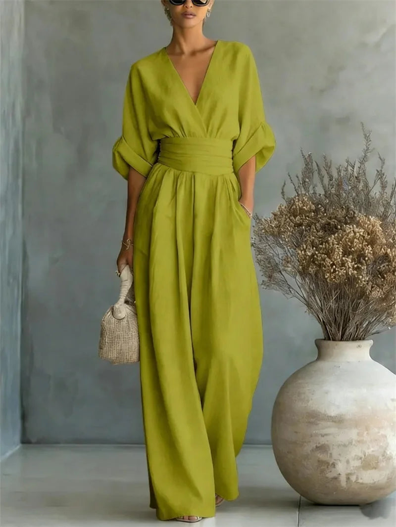 2026 Spring Summer Women Elegant V-neck Jumpsuit Casual Short Sleeve Ruched High Waist Wide Leg Pants Loose Office Lady Romper