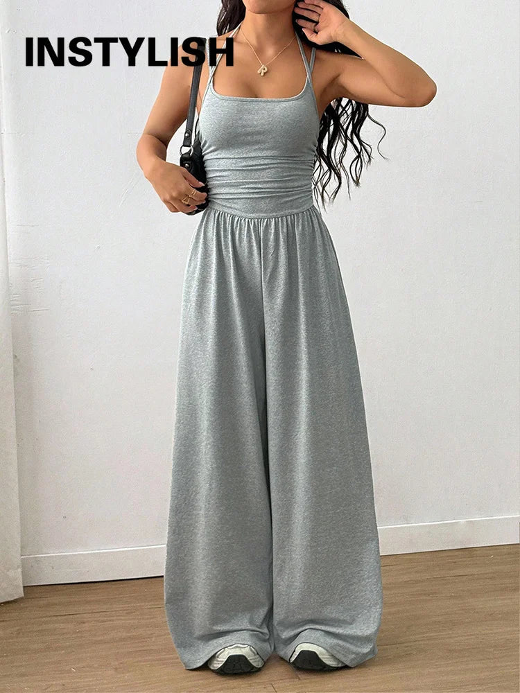 Women Halter Spaghetti Strap Jumpsuits Summer Casual Elastic High Waist Backless Wide Leg Long Pants Romper Club Party Overalls