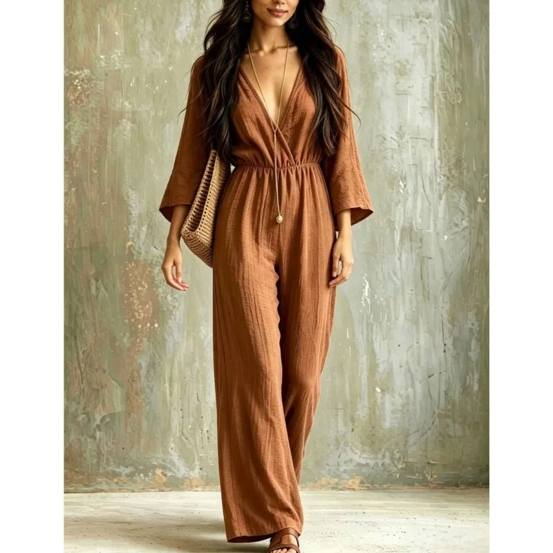 Elegant Solid Color Women's High Waisted Jumpsuit Bohemian Spring Autumn Fashion V-neck Wide Leg Jumpsuits Lady Office Clothing