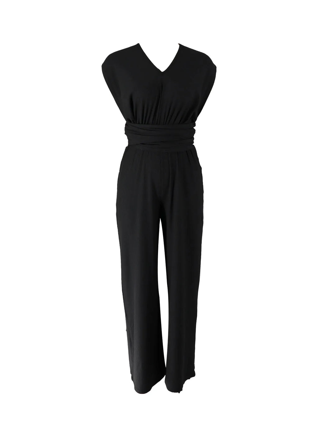 Women's Black Jumpsuit, Deep V Cross Neck, Tie Waist Straight Leg Pants, Elegant Daily Streetwear
