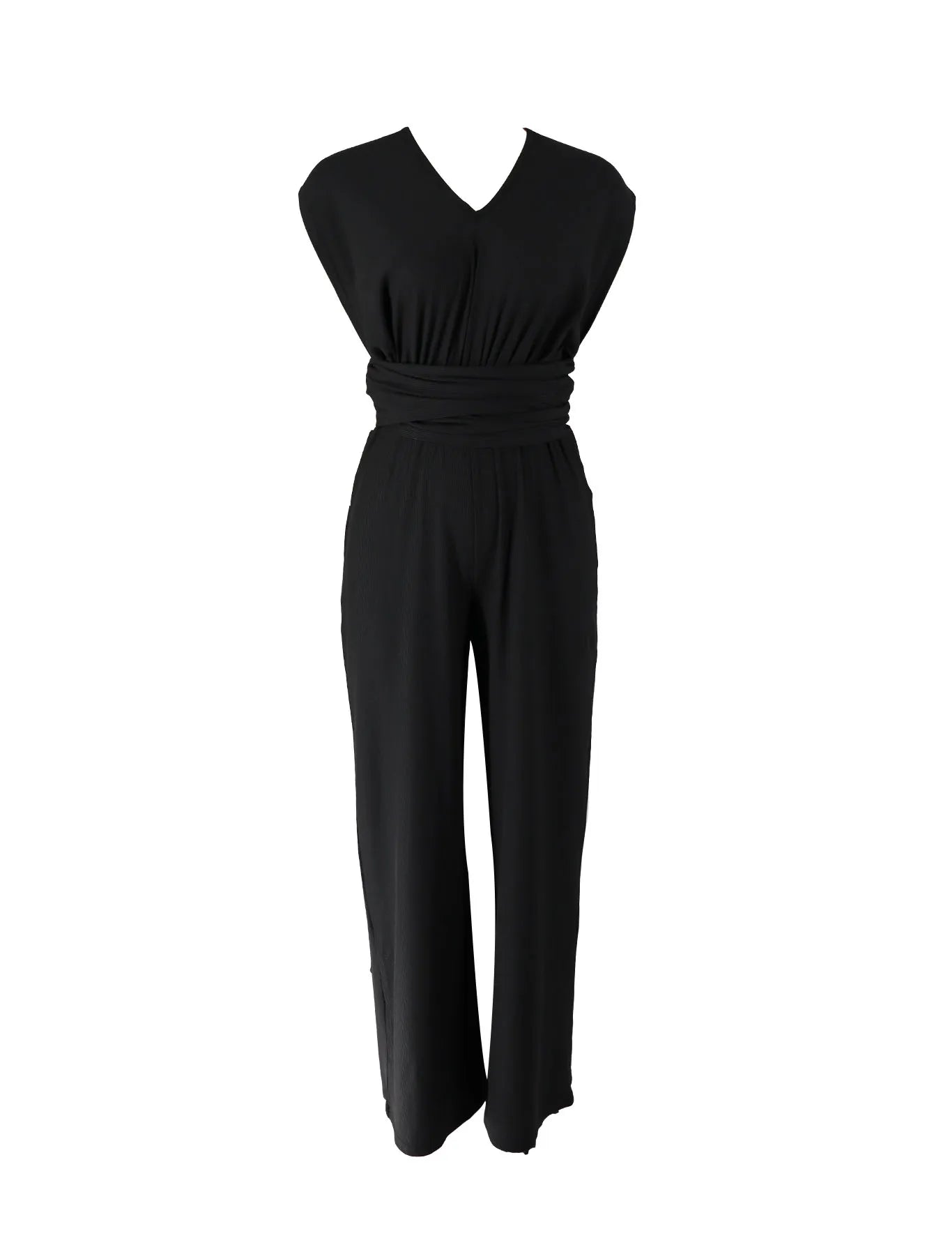 Women's Black Jumpsuit, Deep V Cross Neck, Tie Waist Straight Leg Pants, Elegant Daily Streetwear