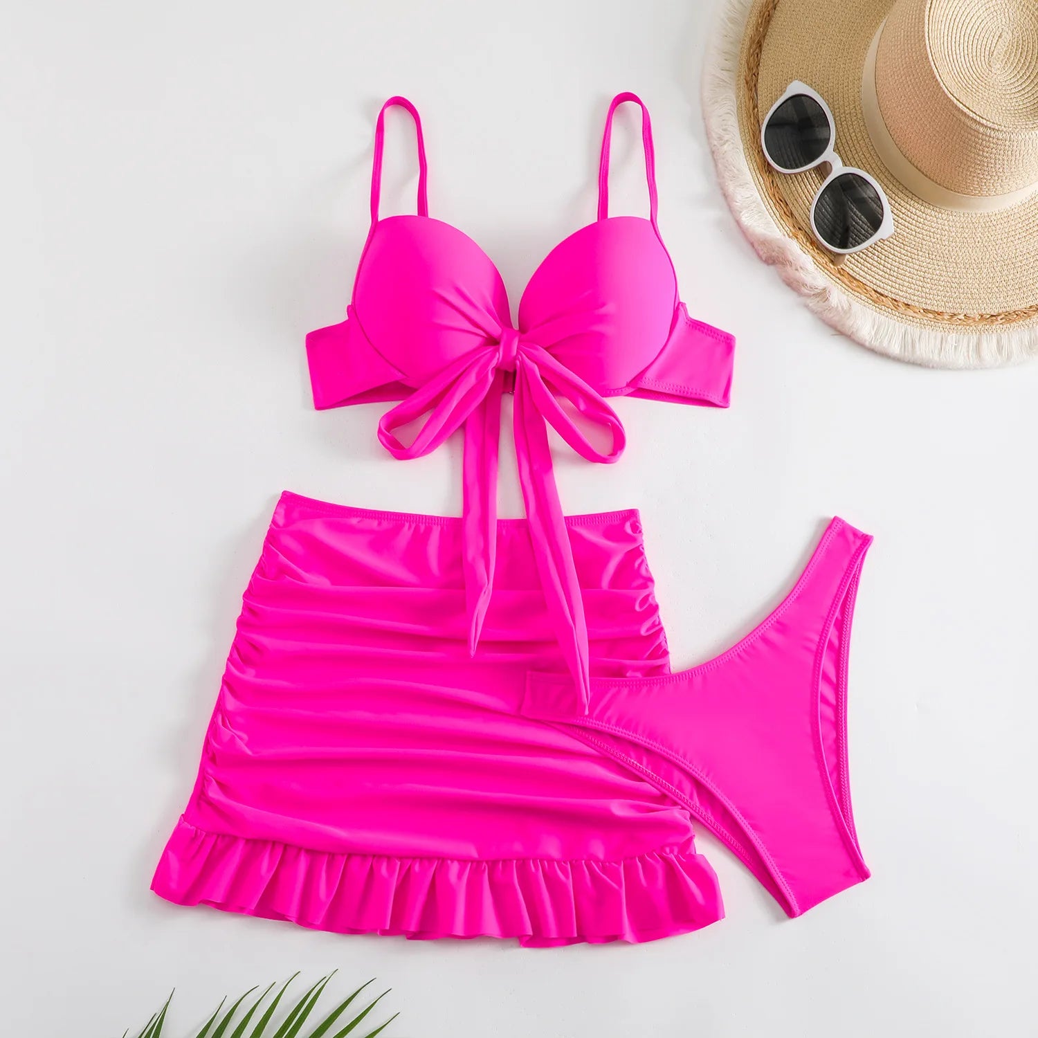 Cikini-Solid Bikini Set, Knot Front Push Up Bra, High Cut Bottom, Ruched Beach Skirt, 3 Piece Bathing Suit
