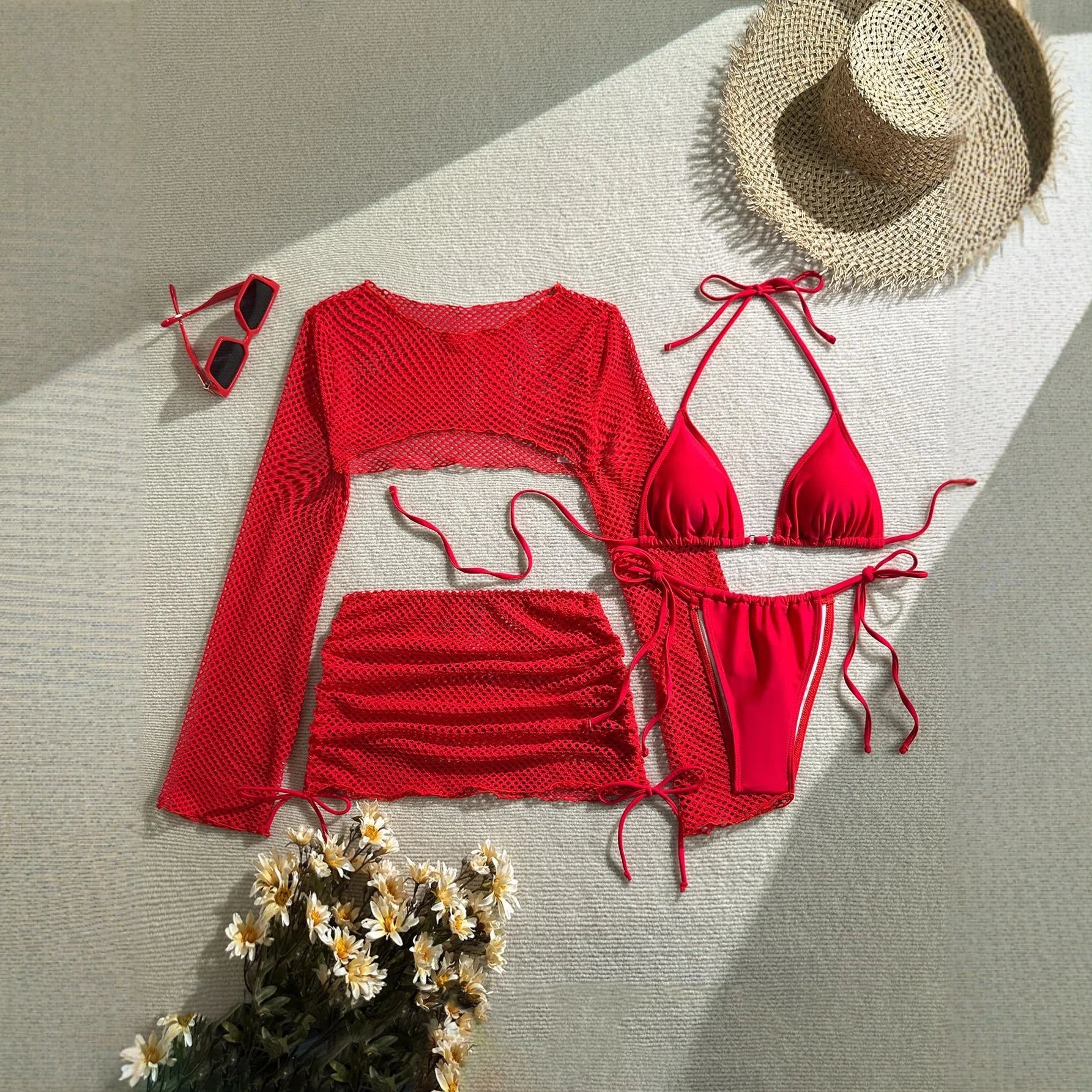 Women's Long Sleeve Crochet Drawstring Cover-Ups Skirts Four Piece Swimsuit Beach Bathing Suits Swimwear Slit Bikini Sets