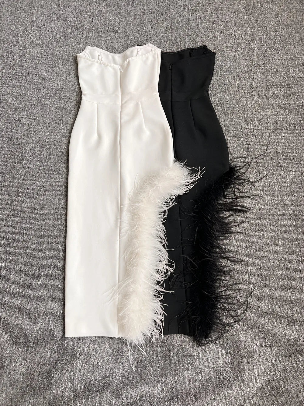 New Women Sexy Strapless Black White Feather Midi Bandage Dress 2026 Split Knitted Elegant Evening Bodycon Party Dress