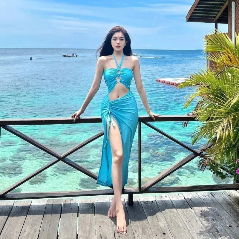 Women's 2 Piece Halter Cutout Swimsuit Ruched Drawstring Maxi Skirt Bathing Suit for Beach Vacation