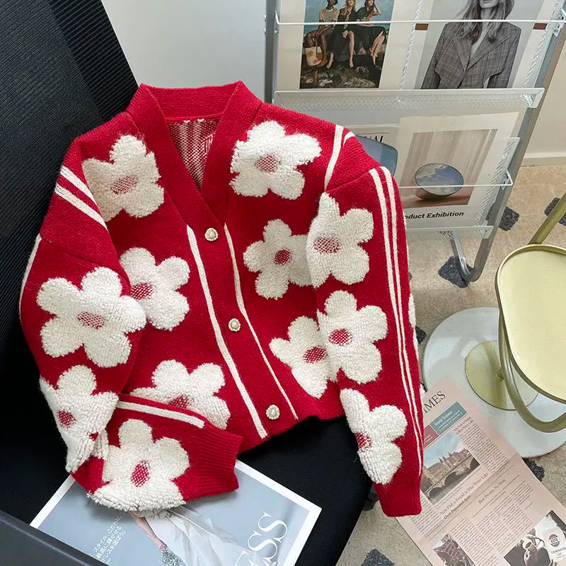 Flocked flower New  red knitted cardigan women's design  new high-end chic v-neck sweater coat  sweater mujer