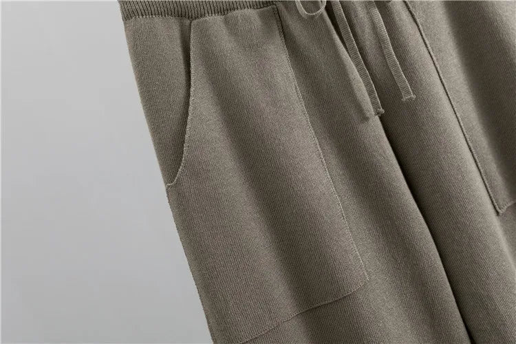 Women's Fashion Knitted Checkered Turtleneck Sweater 2 Piece Autum Winter Casual Lace Up Pocket Knitted Pants Sports Female Suit