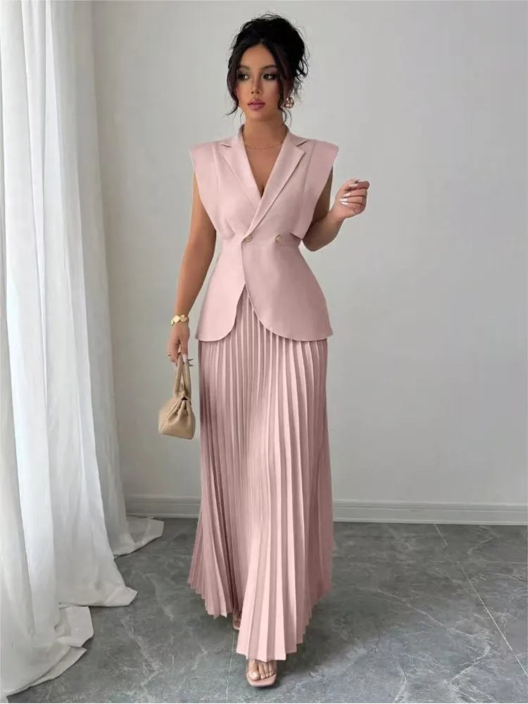 Elegant Women Solid Skirt Two Piece Sets Summer Fashion V-neck Vest Top + Pleated Skirts Temperament Simple Office Lady 2pcs Set