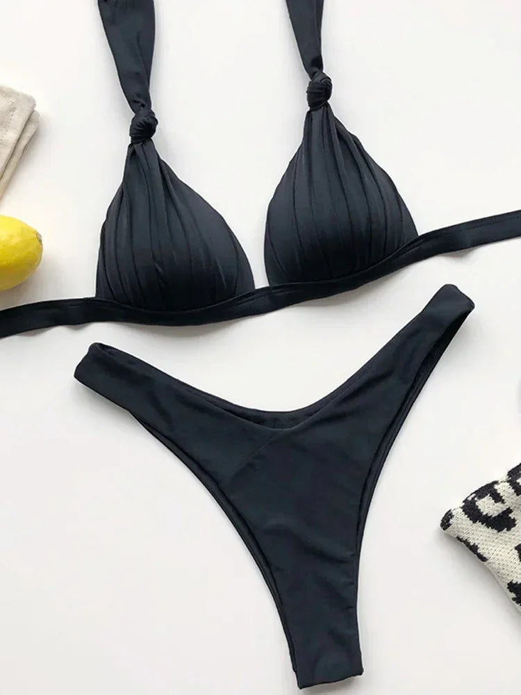 2026 Halter Bra Cup Bikini Sexy Swimsuit Female White Swimwear Women Push up Bikini set Brazilian Bathing Suit Bandeau Swim suit