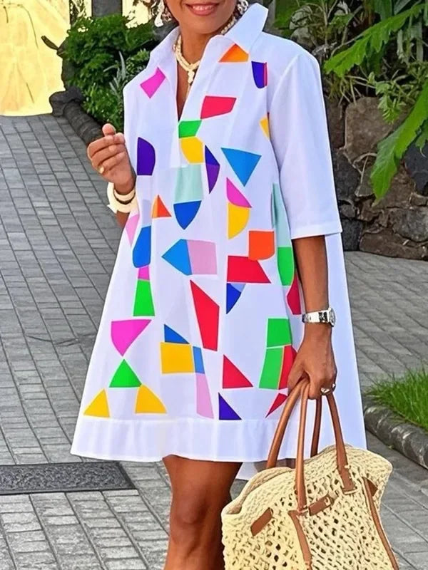 Women's Mini Dress Fashion Geometry Printed Half Sleeves Contrast Color Loose Urban Trendy Casual Short Dresses