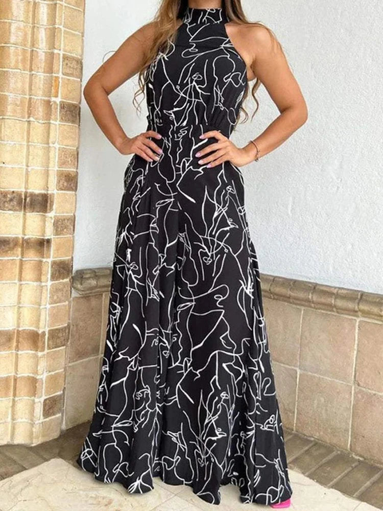 Summer Women's Elegant Waist Halter Jumpsuit Tie Sleeveless Wide Leg Long Pant Bodycon Abstract Print Streetwear Romper Mujer