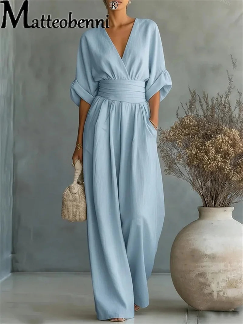 2026 Spring Summer Women Elegant V-neck Jumpsuit Casual Short Sleeve Ruched High Waist Wide Leg Pants Loose Office Lady Romper
