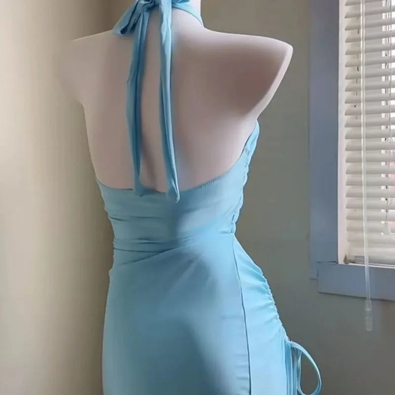 Women's 2 Piece Halter Cutout Swimsuit Ruched Drawstring Maxi Skirt Bathing Suit for Beach Vacation