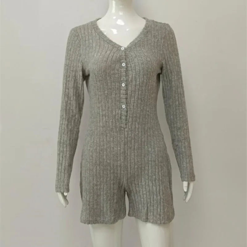 Women's Knitted Playsuit Autumn Fashion Solid Color Button Decoration Design Slim Fit Jumpsuit Ladies Sexy V-neck Chic Romper