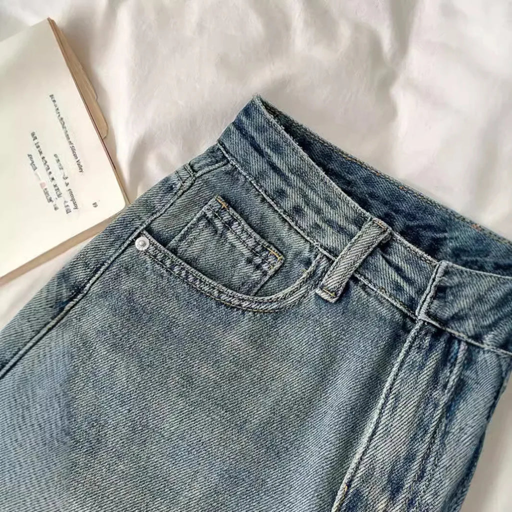 2026 Women Denim Shorts High Waist Vintage Washed Straight Wide Leg Denim Jeans Zipper Closure Knee Length Jeans Short Pants