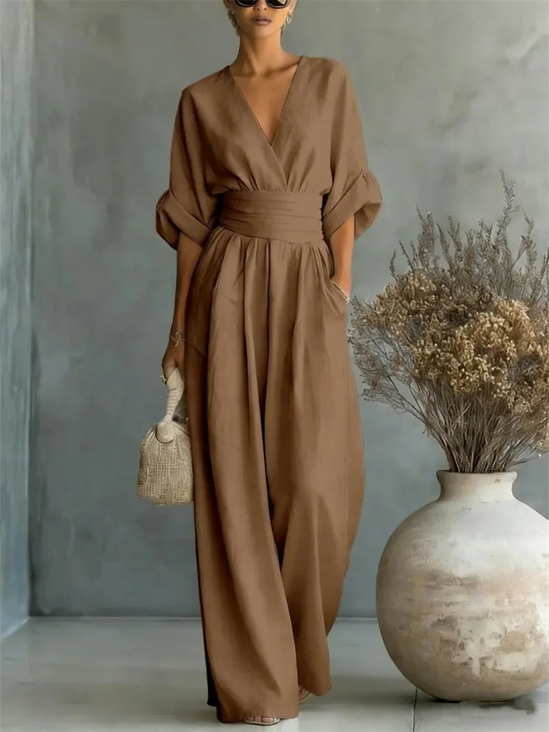 2026 Spring Summer Women Elegant V-neck Jumpsuit Casual Short Sleeve Ruched High Waist Wide Leg Pants Loose Office Lady Romper