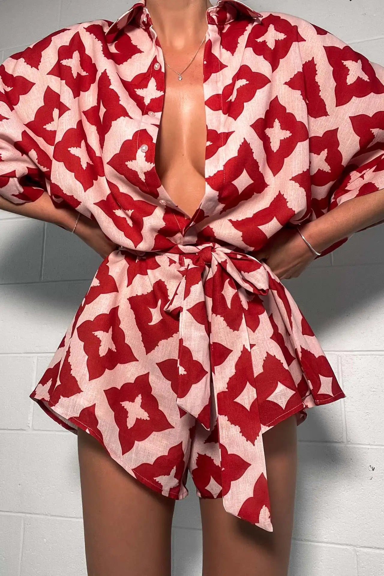2026 New Autumn Women Loose Casual Print Strap Jumpsuit Red Print Bow Tie Turndown Collar Loose Bodysuit Sexy Outfits Streetwear