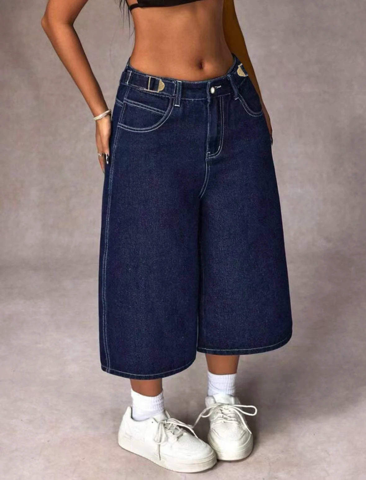 Retro Dark Blue Adjustable Buckle Capri Jeans