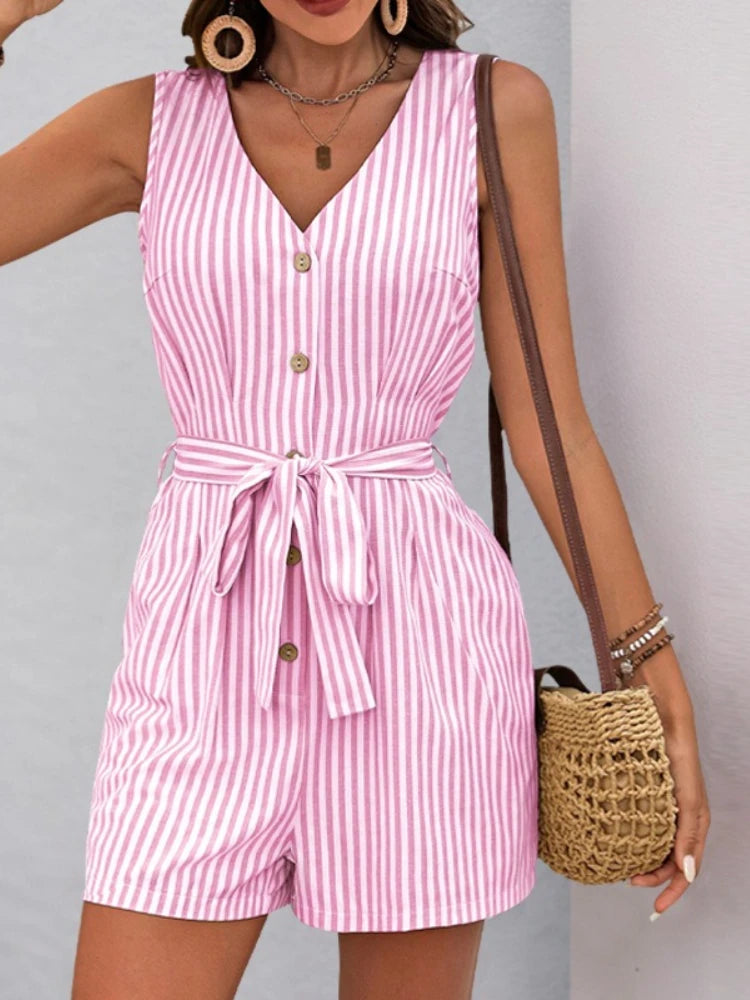New Summer Women Playsuit Stripe Print V Neck Sleeveless Loose Shorts Jumpsuit Romper with Belt and Pockets Streetwear Clothing