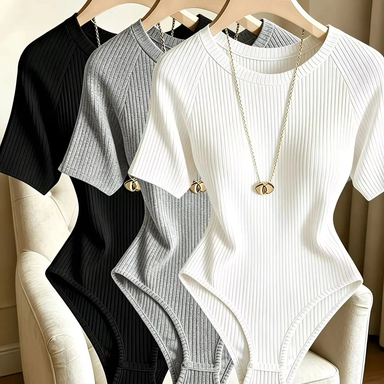 3pcs Women'S Round Neck Short Sleeve Jumpsuit, Basic Casual Style