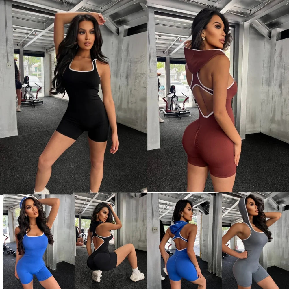 Women's seamless yoga jumpsuits beautiful back, hood, fitness clothing training sportswear