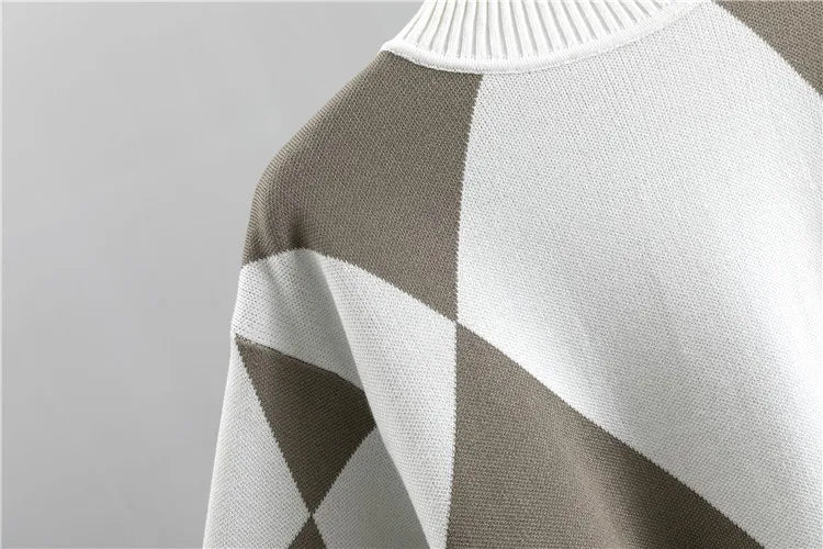 Women's Fashion Knitted Checkered Turtleneck Sweater 2 Piece Autum Winter Casual Lace Up Pocket Knitted Pants Sports Female Suit