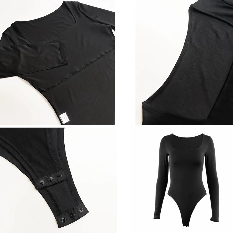Long Sleeve Bodysuits Spring 2026 Square-Cut Collar Solid Bodycon Elastic Romper Sexy Y2k Women Clothing Fashion Club Party 2520