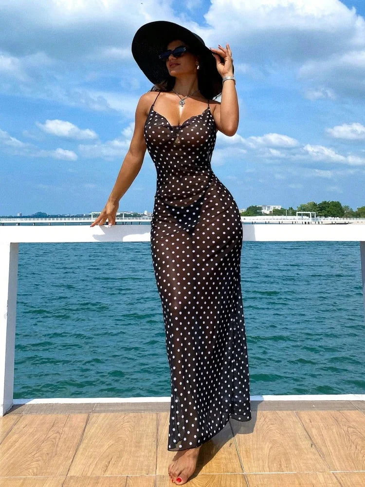 One Piece Swimsuit 2026 New Black Dot Sling Sexy Mesh Semi Transparent Casual Long Skirt Bodysuit Swimwear Summer Beach Female