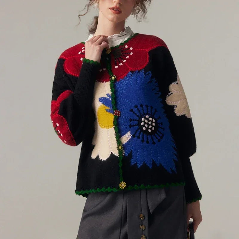 Vintage Flower Embroidery Knitted Top High Quality Women Fashion Cardigan Fashion Trends Autumn/Winter New in Chic Sweater Coat