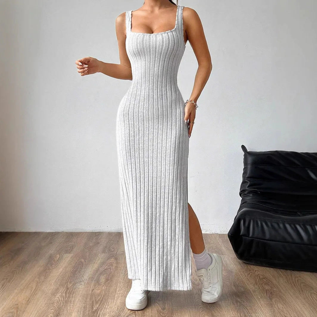 Elegant Slim Knitted Dresses Women New Sexy Hollow Out Backless Bodycon Long Dress Streetwear Fashion Casual Solid Lady Dress