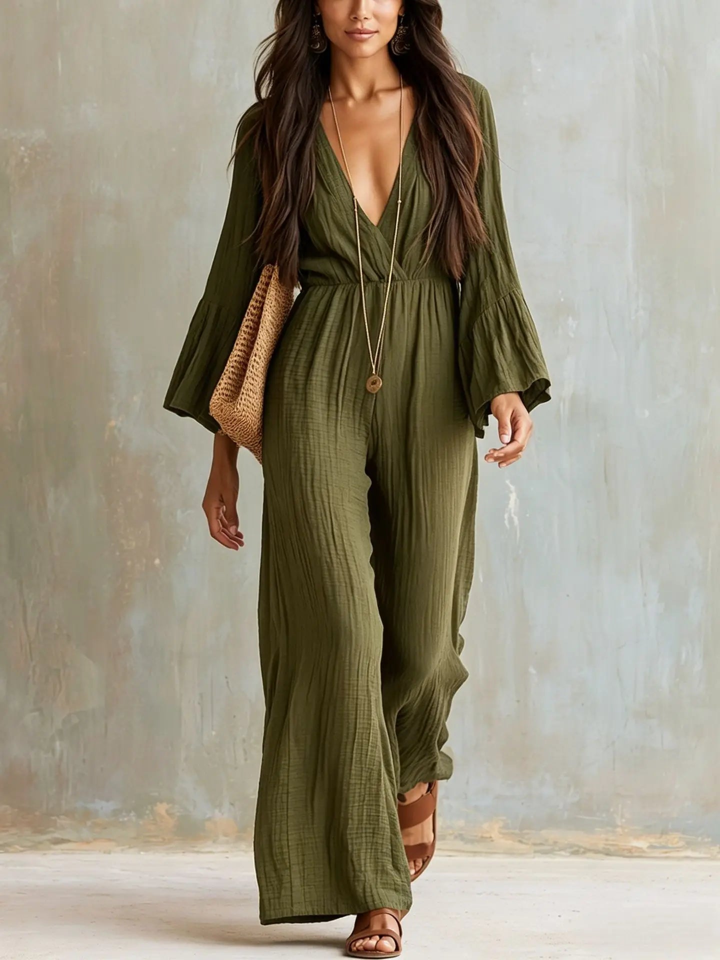 Elegant Solid Color Women's High Waisted Jumpsuit Bohemian Spring Autumn Fashion V-neck Wide Leg Jumpsuits Lady Office Clothing