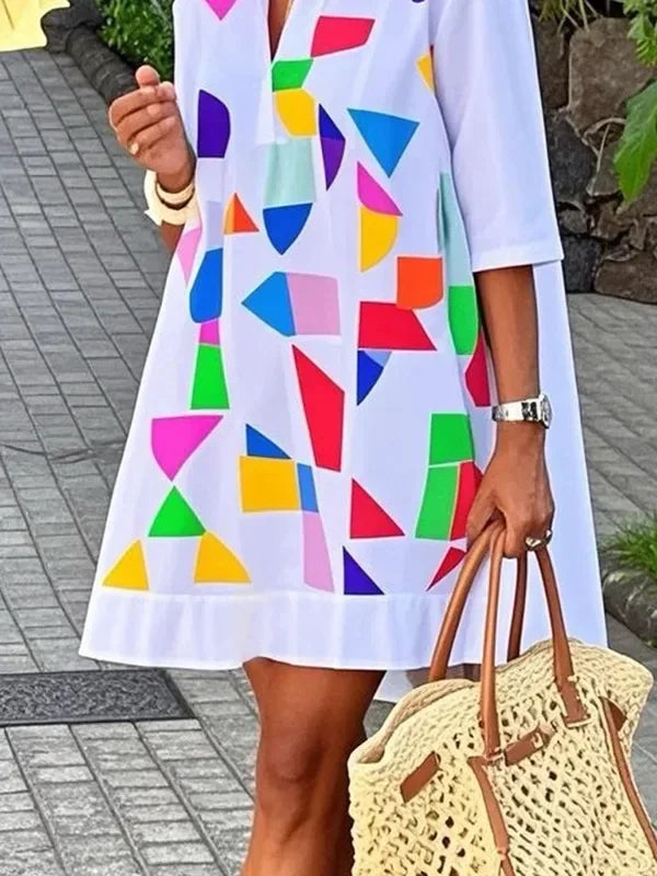Women's Mini Dress Fashion Geometry Printed Half Sleeves Contrast Color Loose Urban Trendy Casual Short Dresses