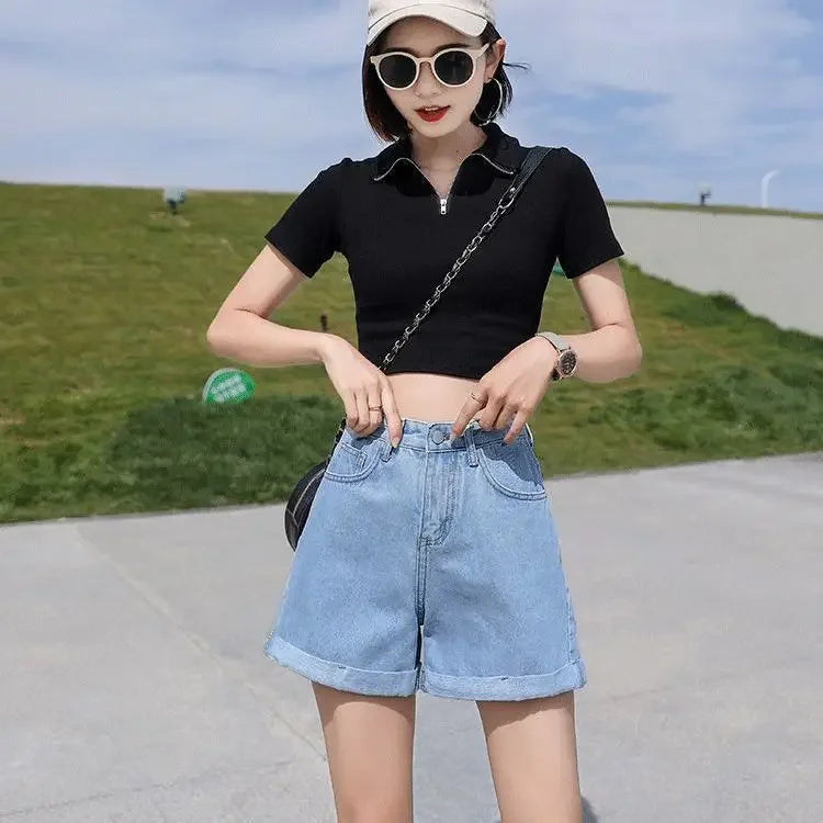 Wide Female Short Jeans Pants Korean Style Women's Denim Shorts With Waist Pocket Design XXL Elegant Low Price Youthful Kpop XL