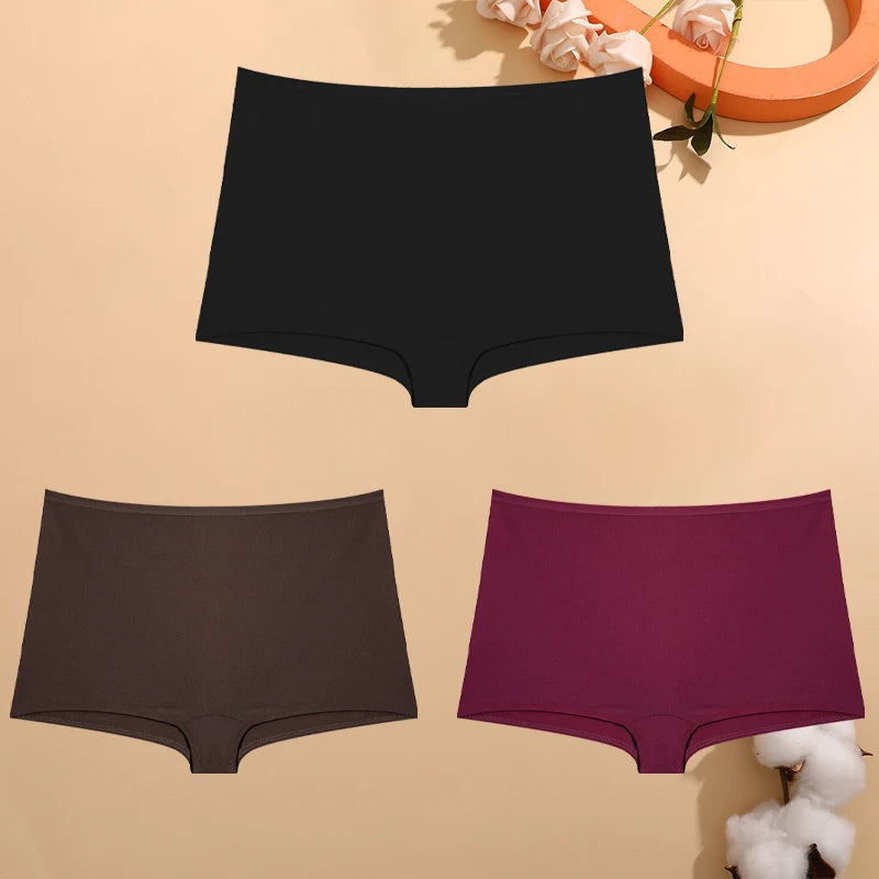 FINETOO 3PCS Women's Cotton Boyshort Panties Breathable Low Waist Solid Colors Underwear Female Casual Sports Boxers Underpants