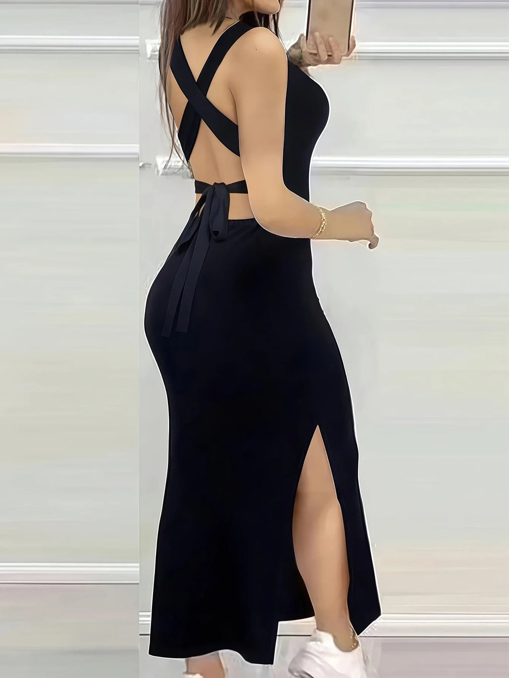 Women's Summer Solid Color Backless Cross-Strap Sexy Dress