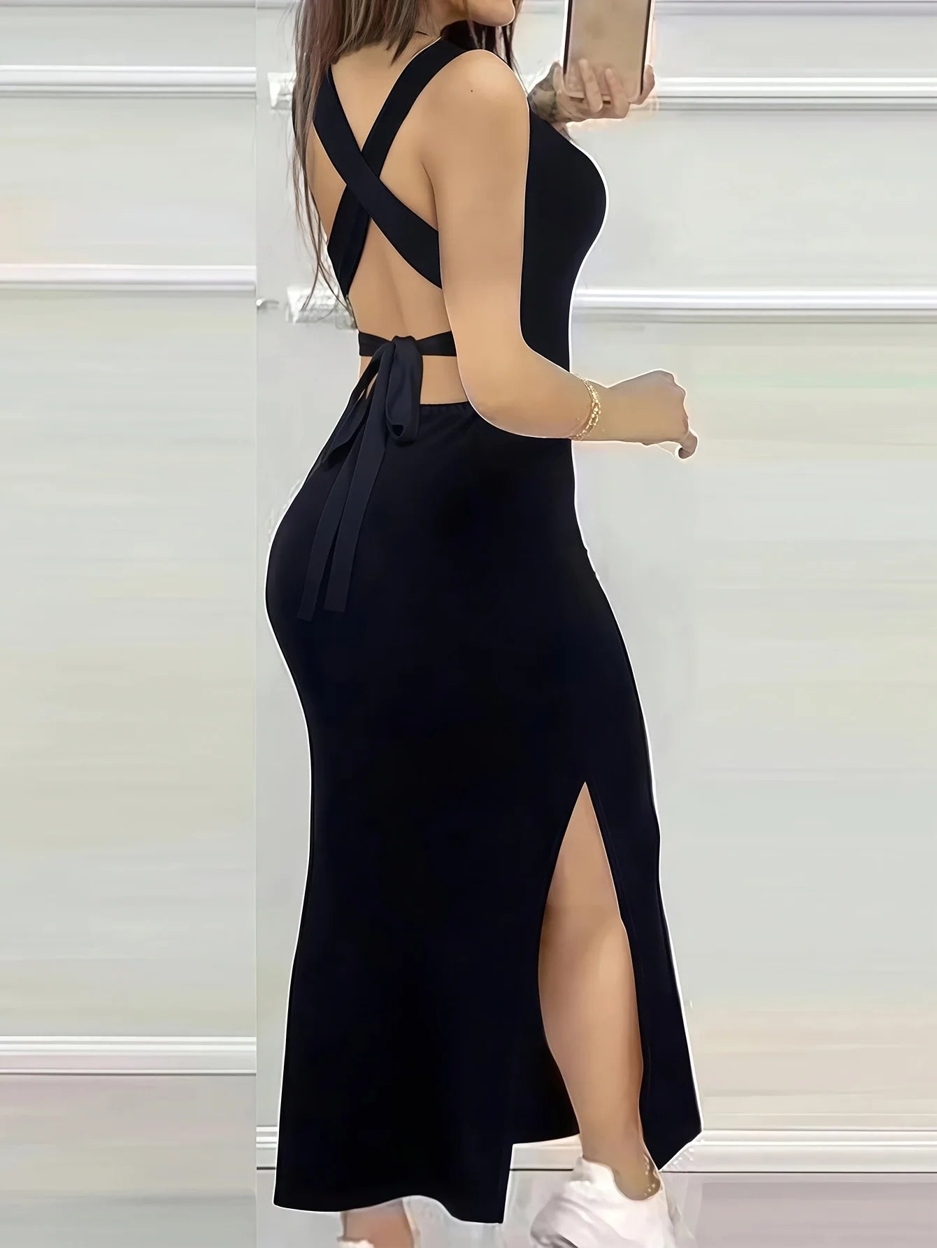Women's Summer Solid Color Backless Cross-Strap Sexy Dress