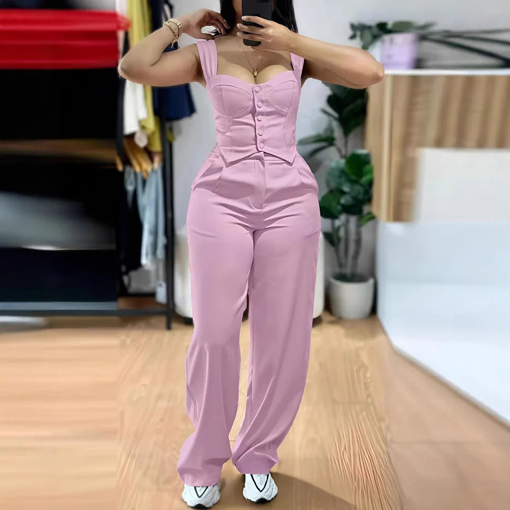 2026 American European New Fashion Women's Elegant Solid Color Trendy 2 Piece Sets Strapeless Suspender Vest Trousers Female
