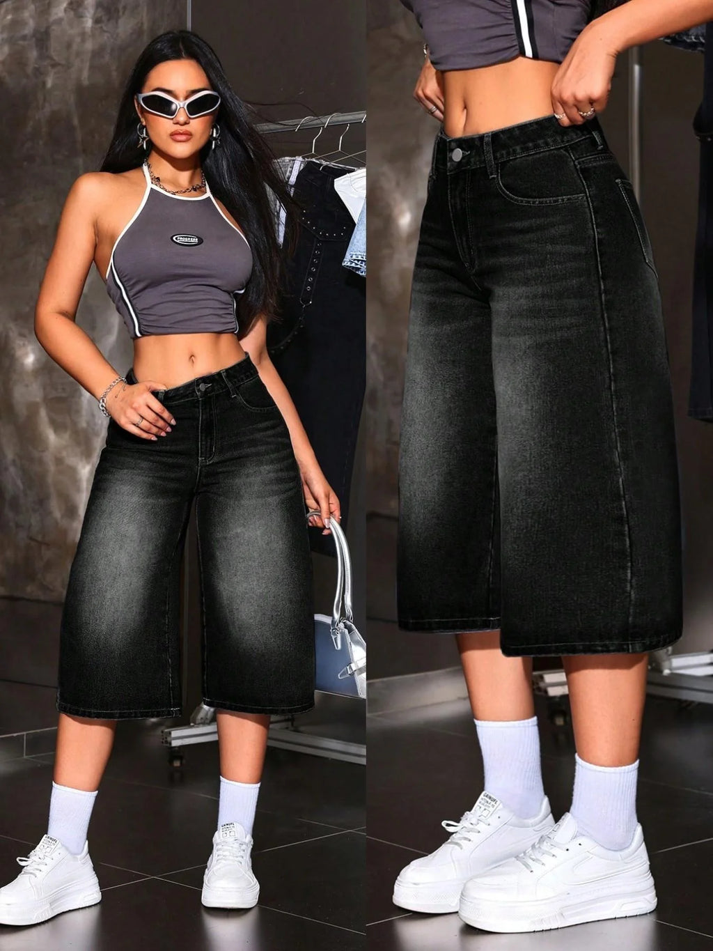 American Retro Hot Girl Style Distressed Fleece Hem Jeans Mid-Thigh Pants, Must-Have Streetwear, High Waist Loose-Fitting Casual