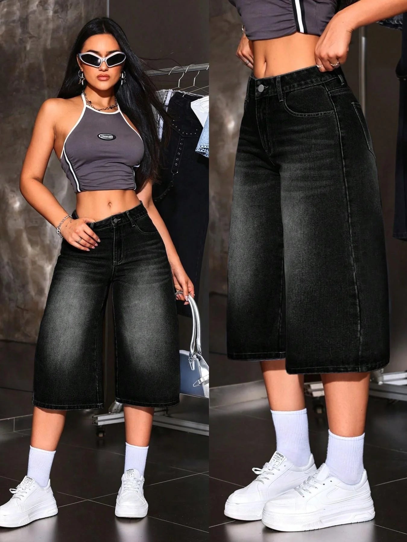 American Retro Hot Girl Style Distressed Fleece Hem Jeans Mid-Thigh Pants, Must-Have Streetwear, High Waist Loose-Fitting Casual