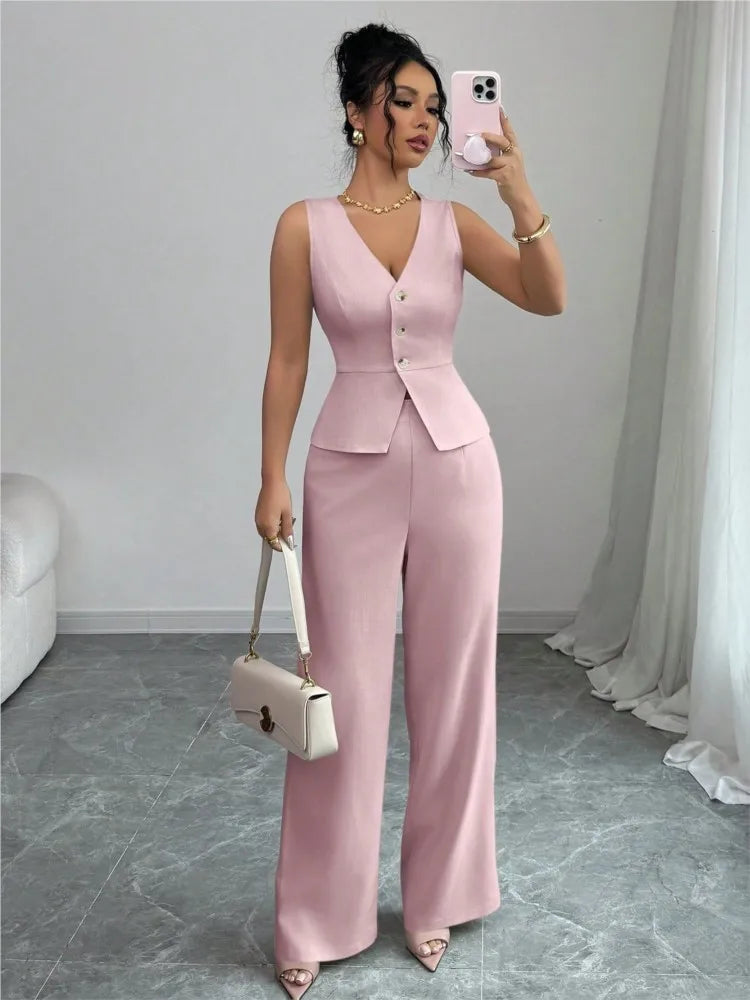 Summer New Solid Color Two Piece Sets Women V-neck Sleeveless Slim Single-breasted Vest Top + Wide-leg Trousers 2-piece Set