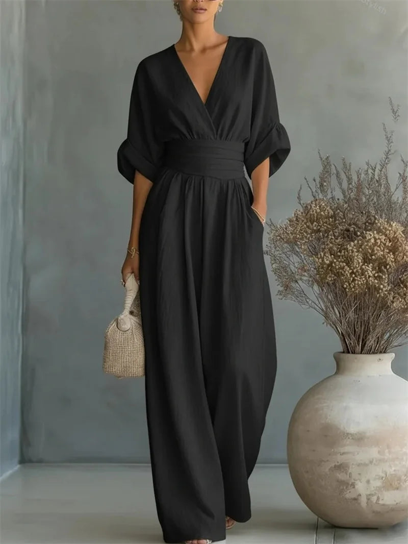 2026 Spring Summer Women Elegant V-neck Jumpsuit Casual Short Sleeve Ruched High Waist Wide Leg Pants Loose Office Lady Romper