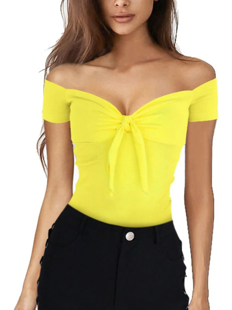 Summer Solid Color Basic Casual Short Sleeve V-neck Off Shoulder Top Sexy Beach Party Slim Fit T-shirts Sweet Style Women's Wear