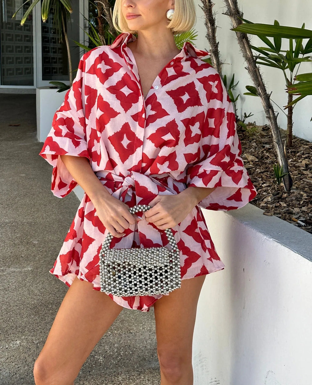 2026 New Autumn Women Loose Casual Print Strap Jumpsuit Red Print Bow Tie Turndown Collar Loose Bodysuit Sexy Outfits Streetwear