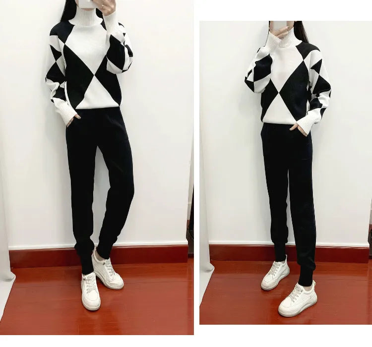 Women's Fashion Knitted Checkered Turtleneck Sweater 2 Piece Autum Winter Casual Lace Up Pocket Knitted Pants Sports Female Suit