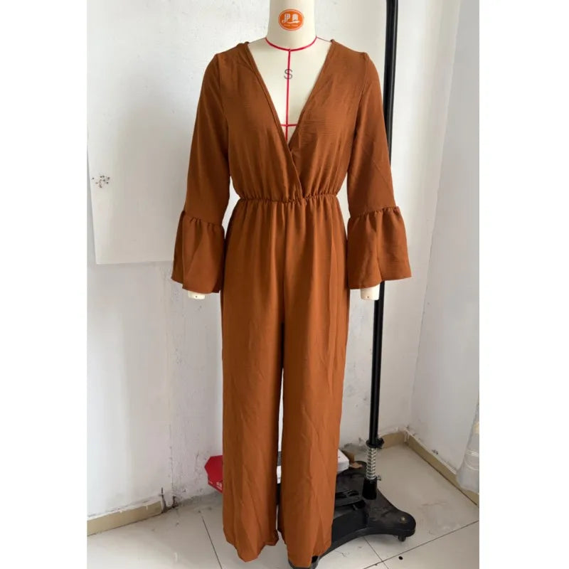 Elegant Solid Color Women's High Waisted Jumpsuit Bohemian Spring Autumn Fashion V-neck Wide Leg Jumpsuits Lady Office Clothing