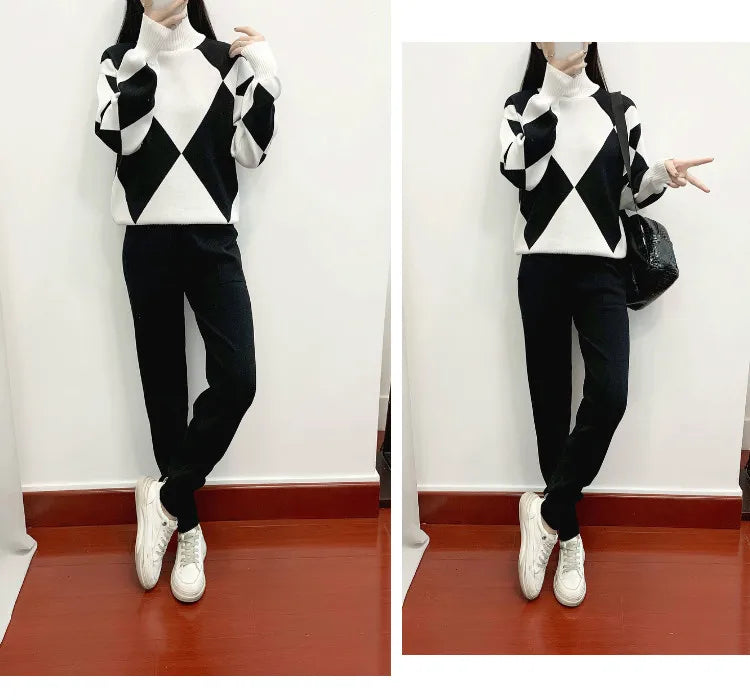 Women's Fashion Knitted Checkered Turtleneck Sweater 2 Piece Autum Winter Casual Lace Up Pocket Knitted Pants Sports Female Suit
