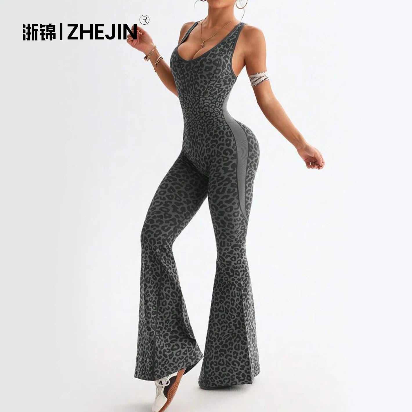 ZHEJIN Leopard Jumpsuit Women Flare Leg Yoga Romper Backless Criss Cross Workout Bodysuit Scrunch Butt Lift Gym Fitness Wear