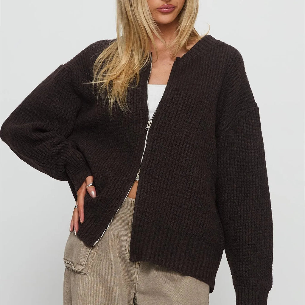 Women's Zip Up Knit Sweater Casual Long Sleeve Mock Neck Open Front Cardigan Winter Fall Outwear Coat Fashion Streetwear