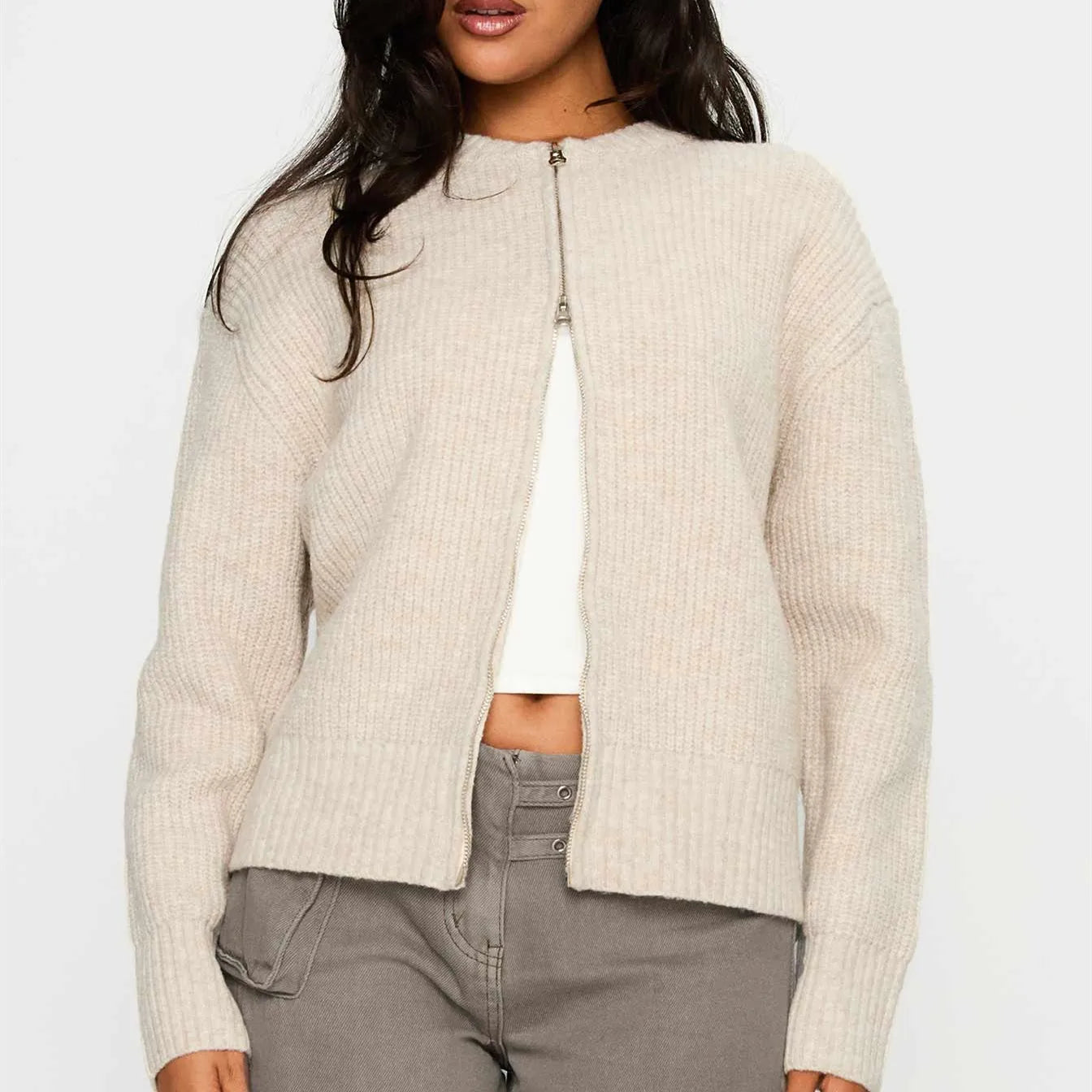 Women's Zip Up Knit Sweater Casual Long Sleeve Mock Neck Open Front Cardigan Winter Fall Outwear Coat Fashion Streetwear